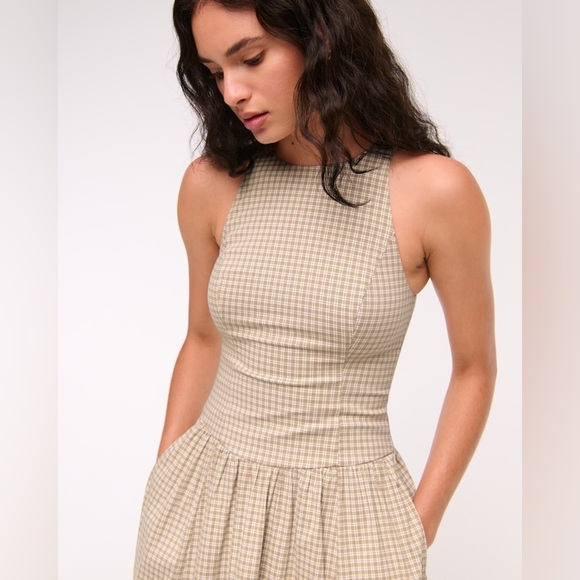 Abercrombie & Fitch Light Brown Check High Neck Drop Waist Sleeveless Midi Dress - Picture 2 of 13